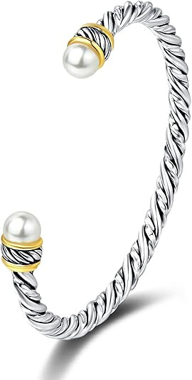 UNY JEWEL Two Tone Fusion Twisted Cable With In Twist Classic Imitation Pearl Open Cuff Bangle Br... | Amazon (US)