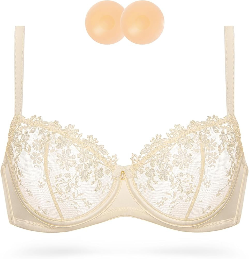 Wingslove Women's Sexy Lace Bra Demi Sheer Mesh Balconette See Through Bralette Unlined Underwire... | Amazon (US)