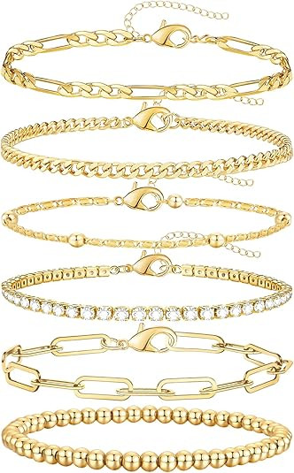 adoyi Gold Bracelets for Women, 14K Gold Plated Stackable Bracelet Stack Set Adjustable Charm Pap... | Amazon (US)