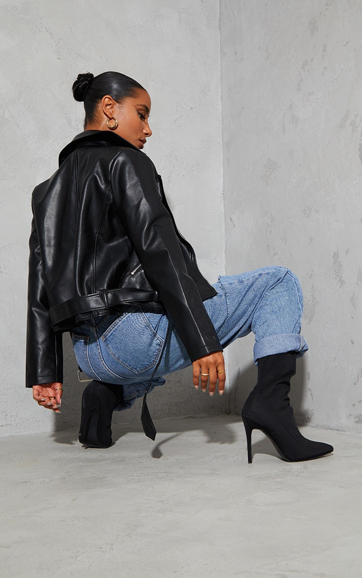 Black Faux Leather Regular Fit Belted Biker Jacket | PrettyLittleThing US