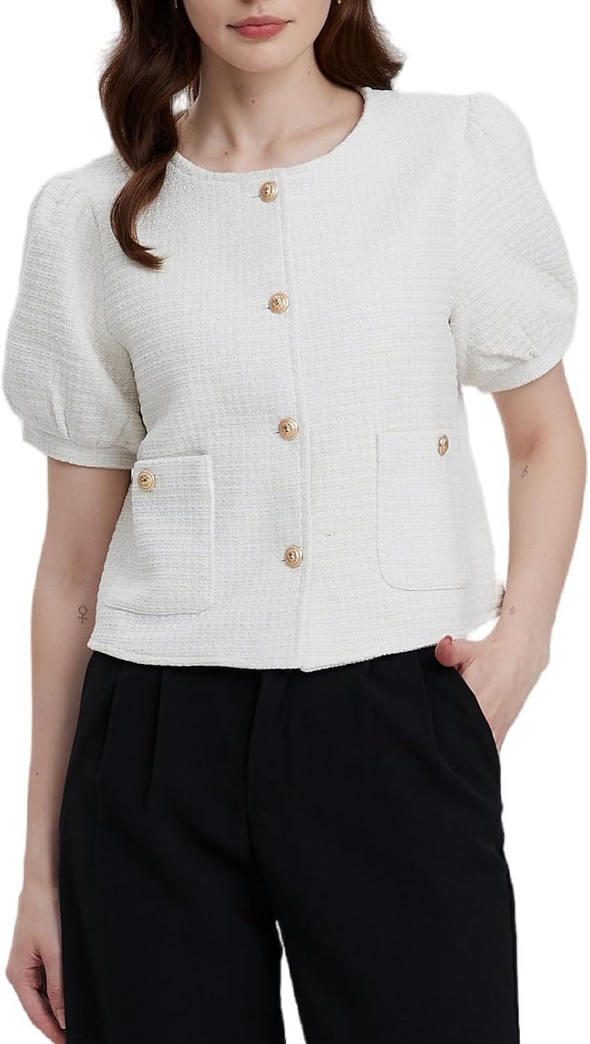 Women's Tweed Blazers Jackets Cropped Puff Short Sleeve Collarless Work Suits Coat with Pockets | Amazon (US)