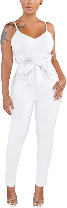 HannahZone Women's Casual Adjustable Spaghetti Strap Jumpsuits Bodycon Sleeveless Long Pants Eleg... | Amazon (US)