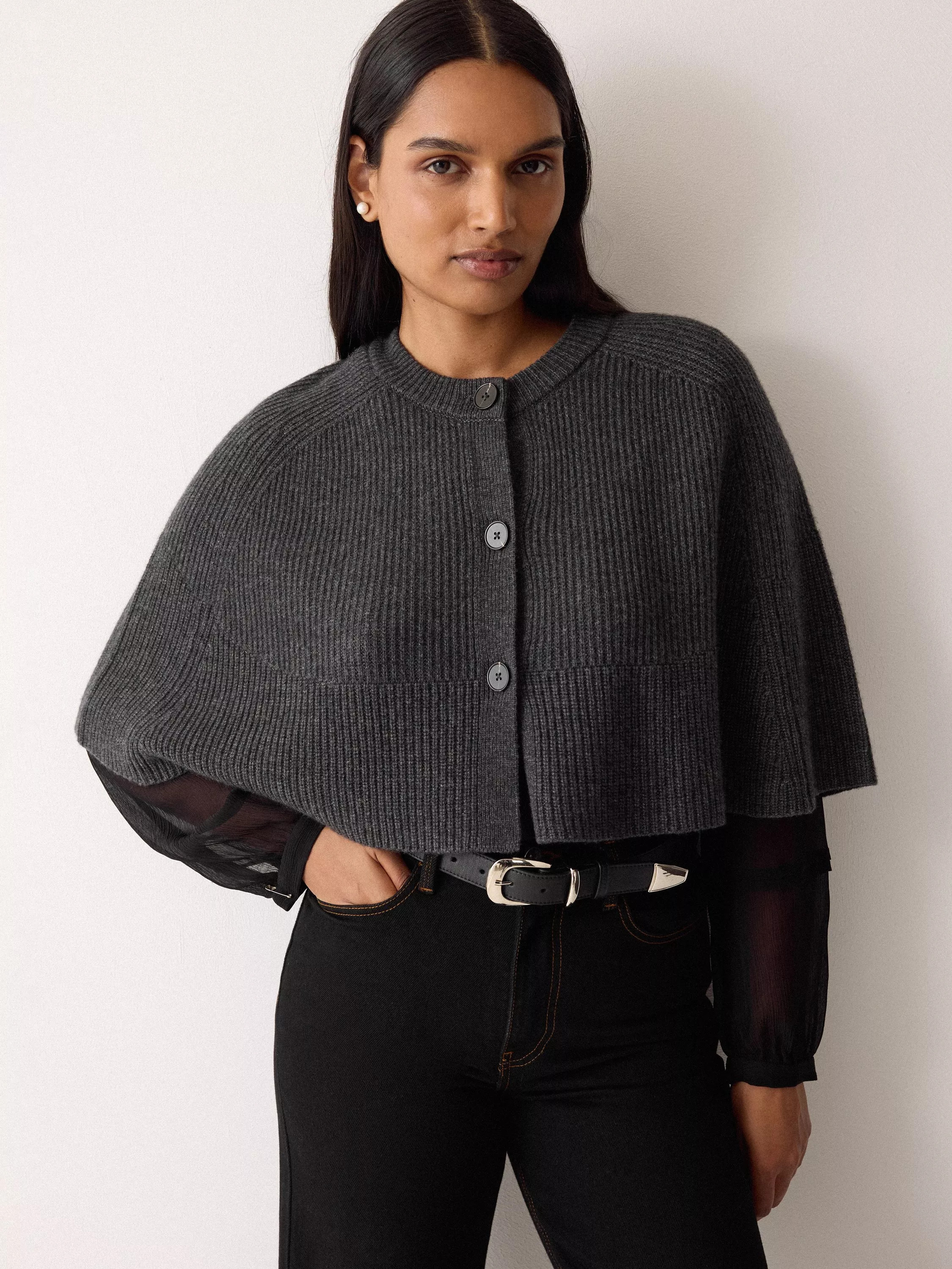 Jigsaw Boxy Cropped Wool Rich Cape, Charcoal | John Lewis (UK)