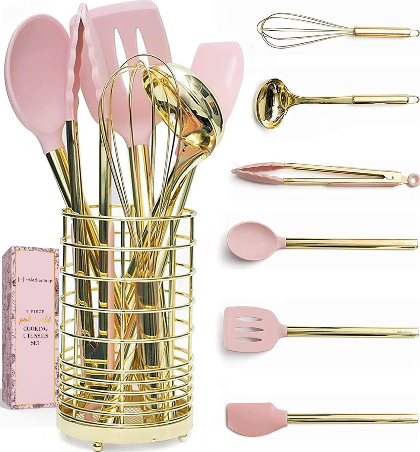 Gold and Pink Kitchen Utensil Set with Holder - 7-Piece Cooking Tools with Gold Whisk, Ladle, Ton... | Amazon (US)