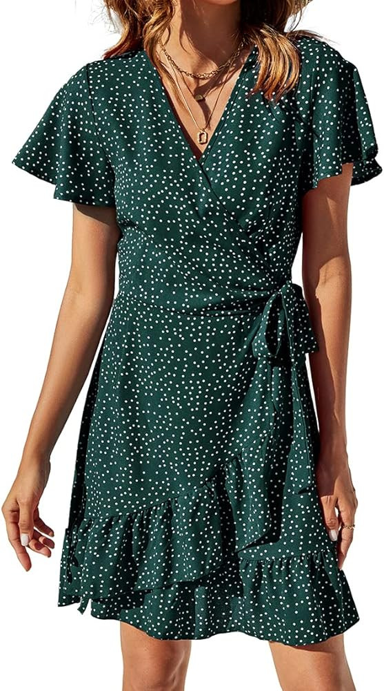 Naggoo Women's Summer Wrap V Neck Polka Dot Print Ruffle Short Sleeve Mini Floral Dress with Belt | Amazon (US)