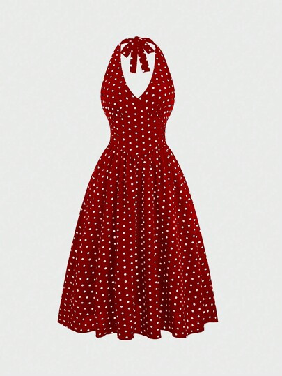 Sweetra Women Summer Casual Holiday Polka Dot Print Halter Backless Dress | SHEIN