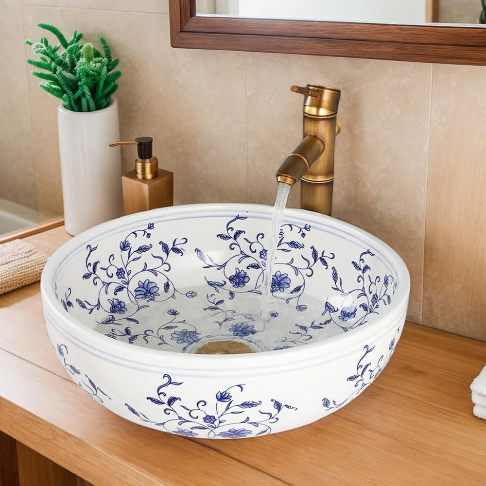 Bathroom Vessel Sink 16 Inch Vessel Sink Blue and White Ceramic Bathroom Sinks with Faucet and Dr... | Amazon (US)