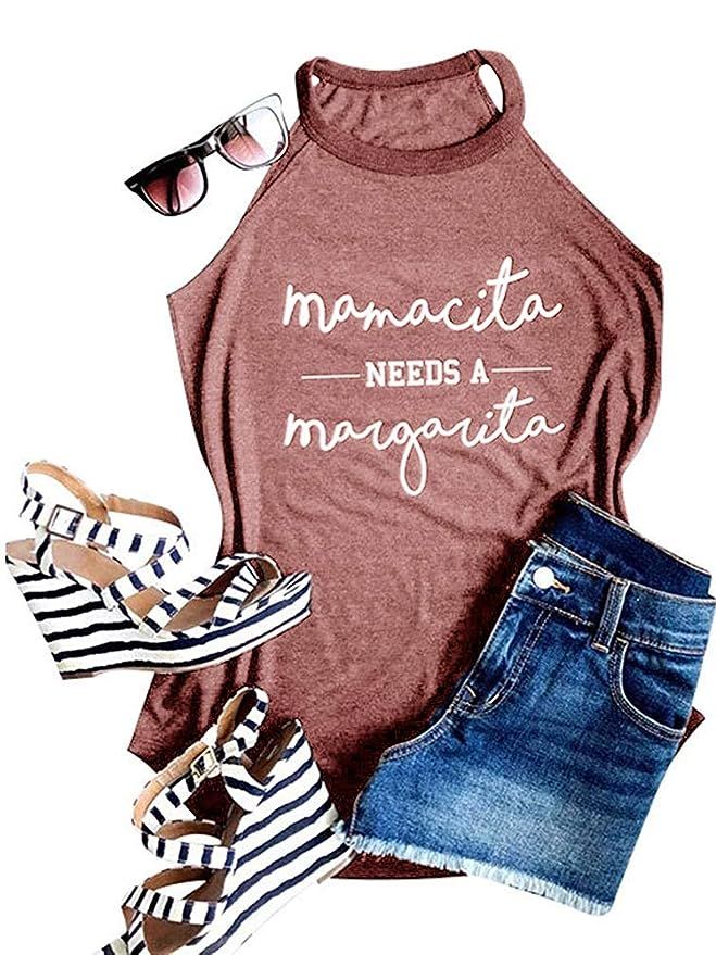 Geckatte Womens Mamacita Needs A Margarita Tank Tops Casual Sleeveless Funny Tshirt Vest Tee | Amazon (US)