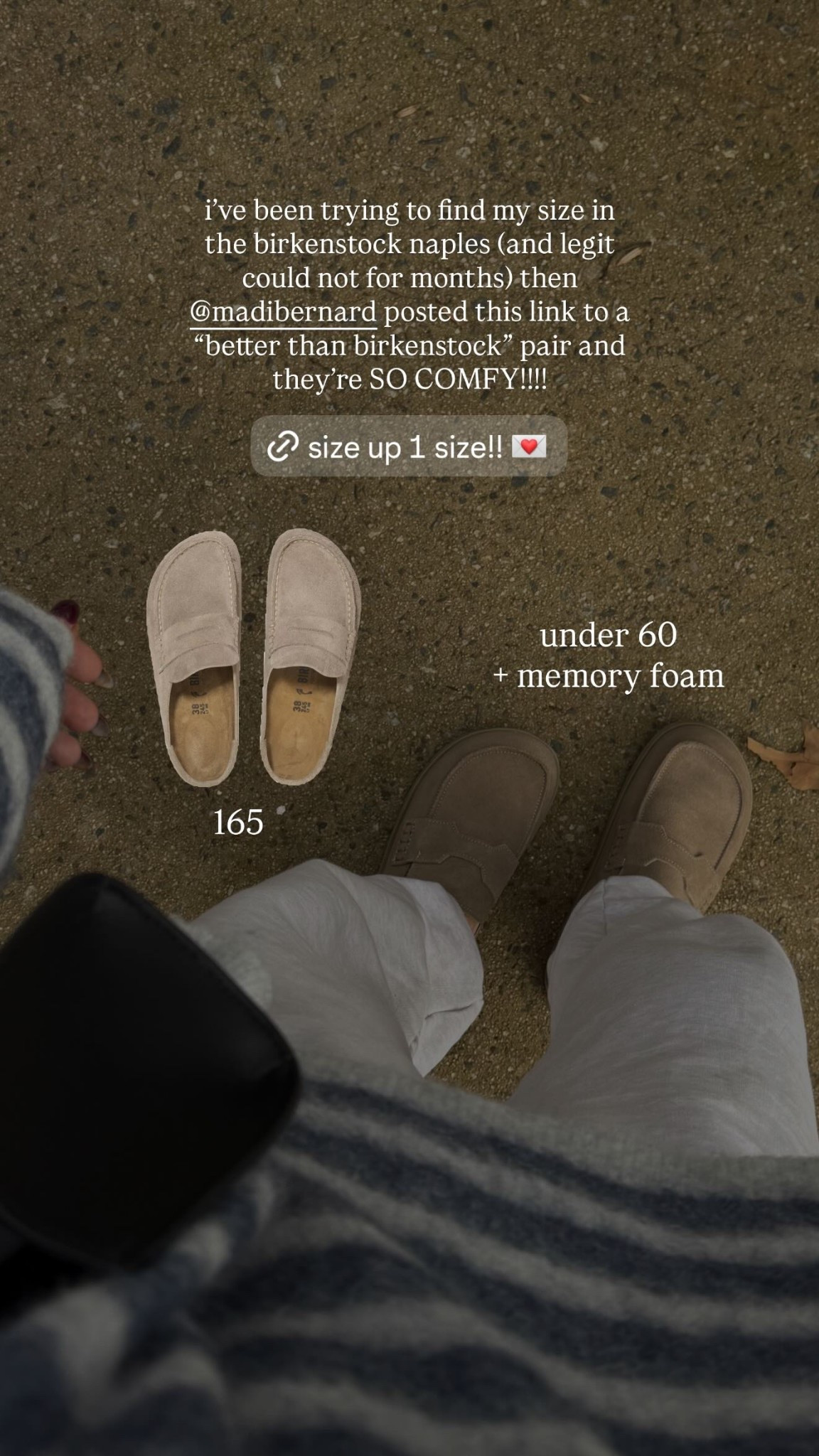 i’ve been trying to find my size in the birkenstock naples (and legit could not for months) then @madibernard posted this link to a “better than birkenstock” pair and they’re SO COMFY!!!! 165 under 60
+ memory foam