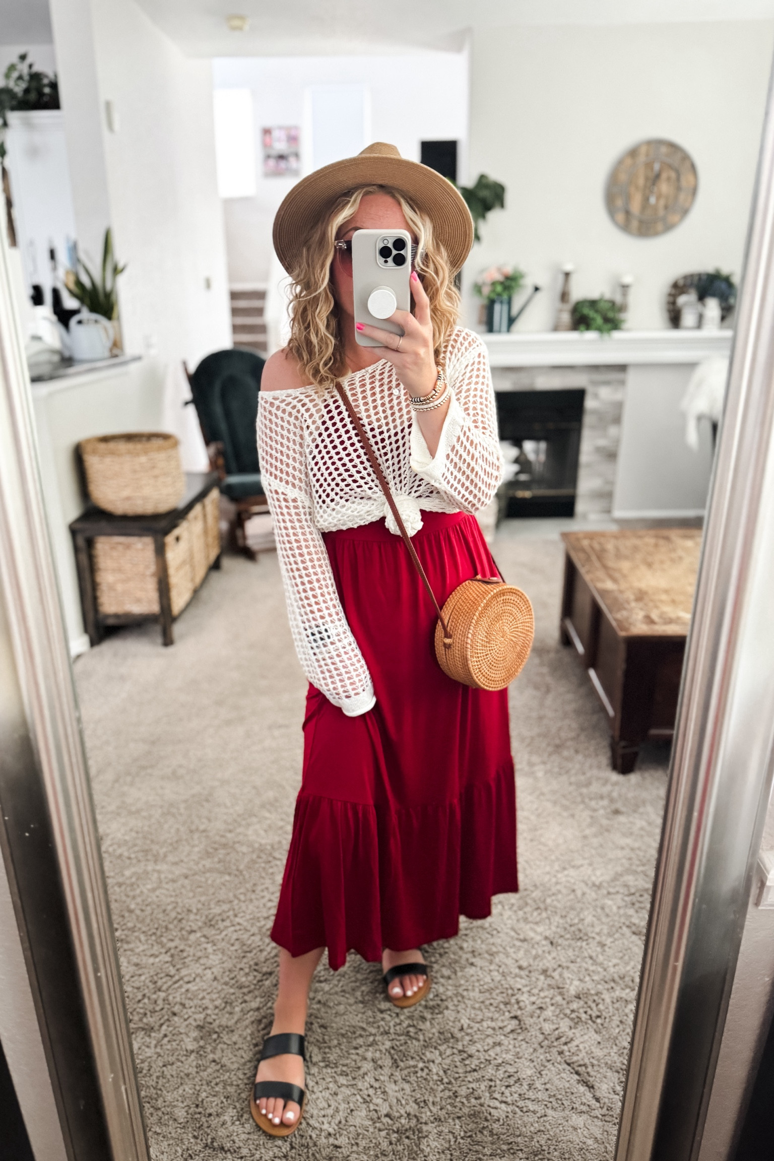 Boho summer outfit with a red maxi dress, rattan bag, lightweight knit sweater, sun hat, and black sandals (went up a half size) 
// Summer outfits 2024,  vacation outfit, summer dresses amazon, travel outfit, petite Amazon fashion, casual mom outfit ideas, summer outfit amazon, Amazon outfit ideas, casual outfit ideas, spring outfit inspo, casual fashion, amazon summer fashion, amazon casual outfit, cute casual outfit, outfit inspo, outfits amazon, outfit ideas, amazon shoes, Amazon bag, purse, size 4-6, casual summer outfits, casual outfit ideas everyday, summer tops, summer fashion, summer bag #summeroutfits  


#LTKItBag #LTKStyleTip #LTKFindsUnder50