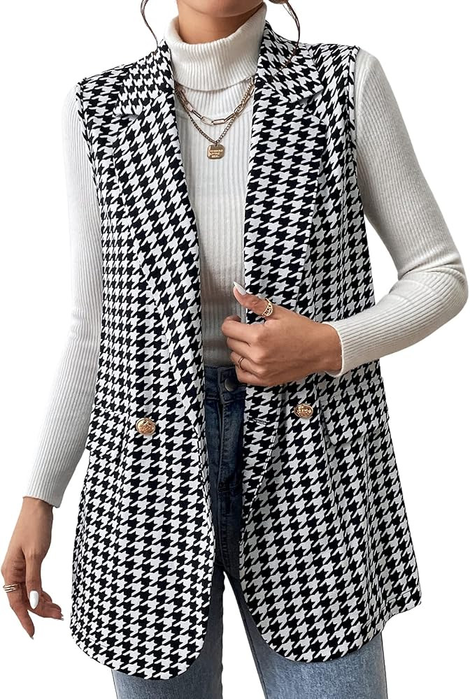 WDIRARA Women's Houndstooth Print Sleeveless Lapel Raw Trim Button Front Long Vest Jacket | Amazon (US)