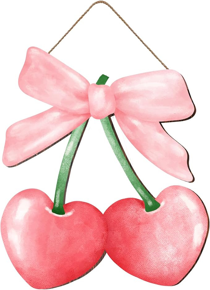 Watercolor Pink Cherry Wooden Hanging Sign Coquette Bow Door Sign Cute Minimalist Wall Art Decor ... | Amazon (US)