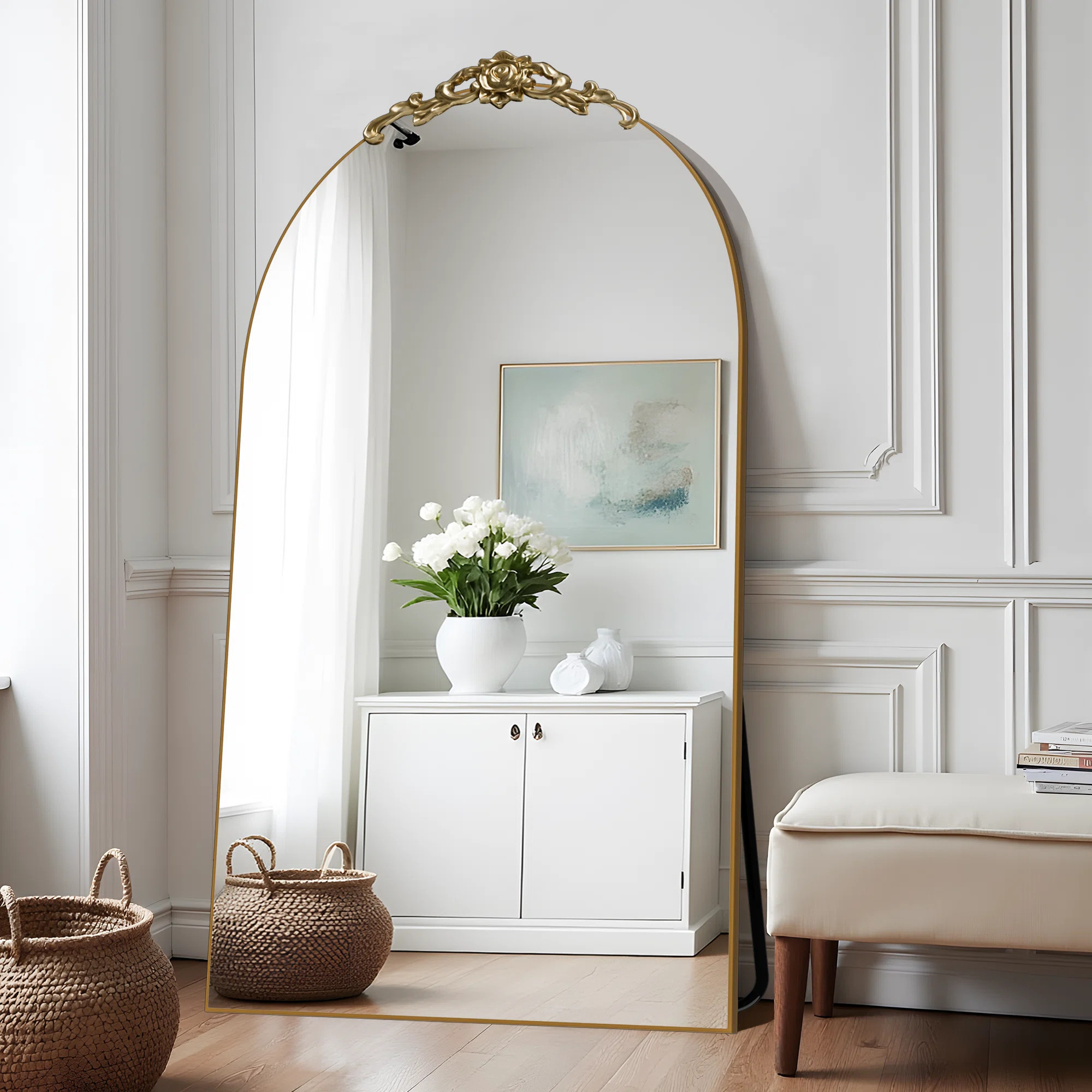 Astoria Grand Arch Wood Full Length Mirror Freestanding Mirror Wall Mirror with Carved Design & R... | Wayfair North America