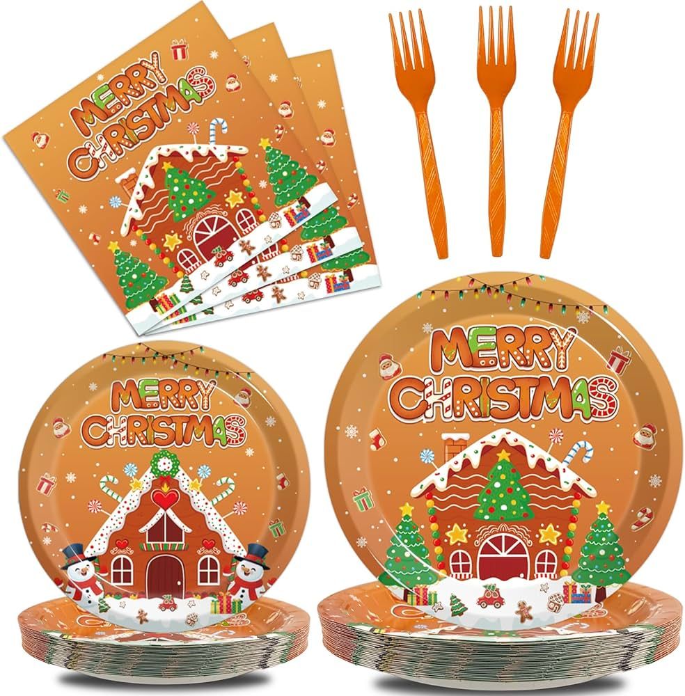 Kepeel 96Pcs Gingerbread House Party Plates, Christmas Gingerbread Man Party Decorations Supplies... | Amazon (US)