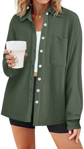 Tankaneo Womens Waffle Knit Button Down Shirts Long Sleeve Loose Fit | Amazon (US)