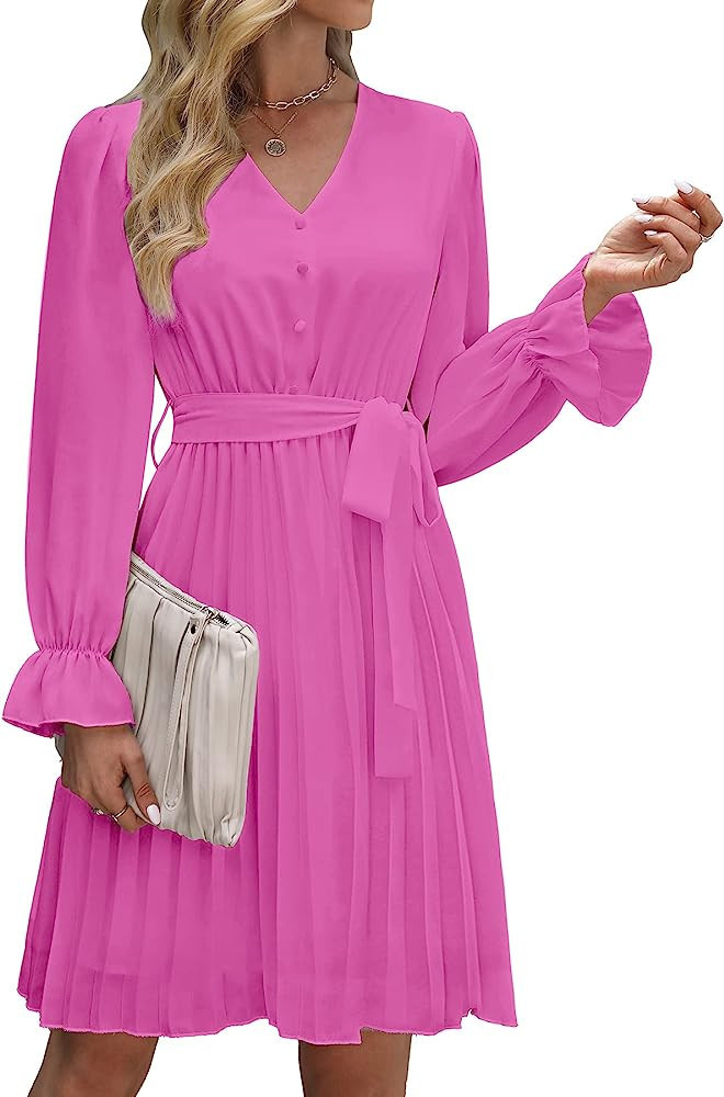 Kenaque Womens Long Sleeve V Neck Dresses for Wedding Guest Ruffle Lantern Sleeve Pleated Mini Dr... | Amazon (US)