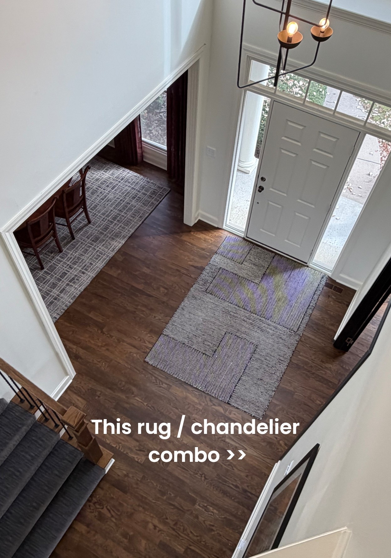 Neutral but not boring - love a masculine rug paired with feminine accessories, soft curtains, and a statement chandelier. The black white and grey look so good with the warm dark red oak floors. 10/10 for all of this!

#LTKHome