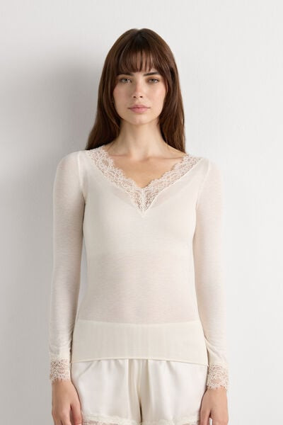Intimissimi Ultralight Cashmere Lace Long Sleeve Shirt Woman Ivory Size M | Intimissimi (US)