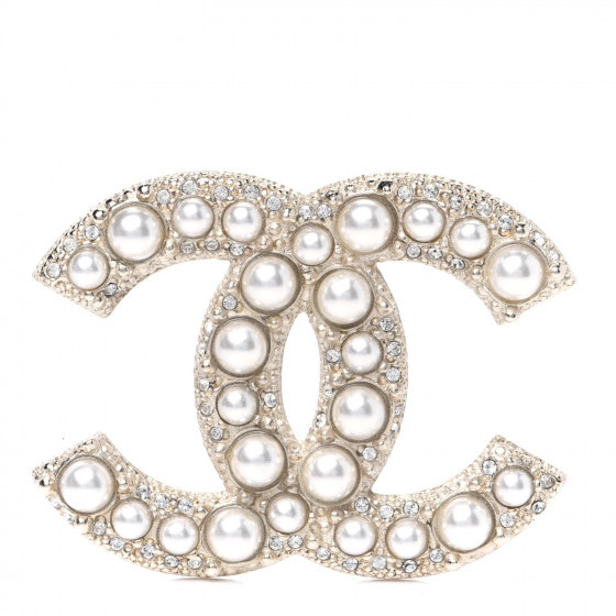 Pearl Crystal CC Brooch Gold | Fashionphile