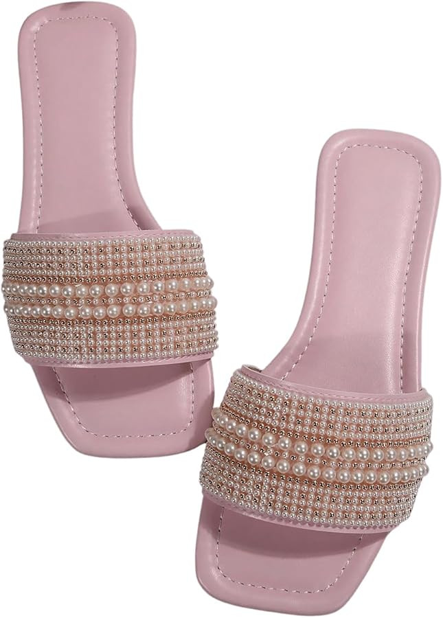 GORGLITTER Women's Pearl Sandals Comfortable Square Toe Dressy Sandals Flat Slides | Amazon (US)