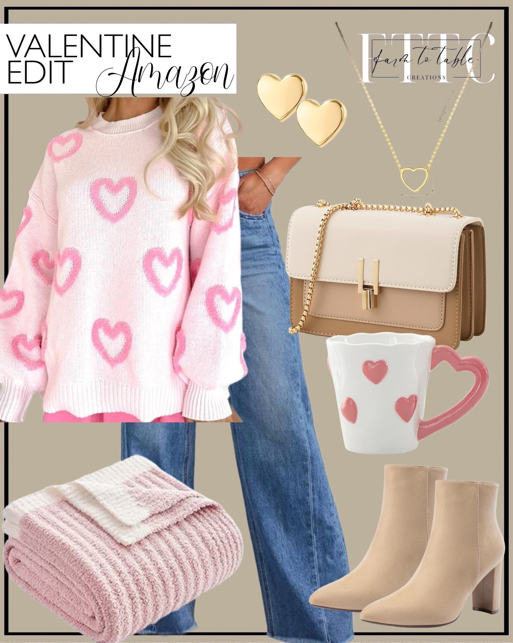 Amazon Valentine’s Day Edit
Follow @farmtotablecreations on Instagram for daily home & style inspiration 🤍

Sharing a sweet Valentine edit made up of easy Amazon finds that feel cozy, feminine, and timeless. The pink heart sweater is lightweight but still cozy and pairs perfectly with denim jeans. I added soft, giftable touches like the blush throw and heart mug, along with simple gold heart jewelry and a neutral handbag you’ll use well beyond Valentine’s Day.

These are the kind of pieces that blend right into everyday life while still feeling a little special for the season.

#amazonfinds #valentinesdayedit #valentinesday #heartssweater #pinkknit #cozysweater #neutralhandbag #goldjewelry #ankleboots #throwblanket #valentinedecor #giftideas #amazonfashion #amazonhome #ootd

#LTKSaleAlert #LTKFindsUnder50 #LTKootd