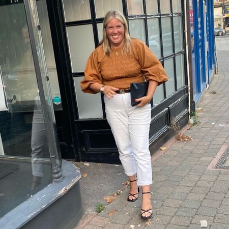 Puff sleeve shirred top and white jeans. I’m wearing a 14 in both and they’re true to size. Autumn outfit/look

#LTKstyletip #LTKSeasonal #LTKeurope