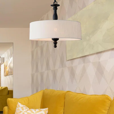 4-Light Drum Chandelier With Beige Linen Shade, Adjustable Hanging Chain, Black Metal Frame, 17.3" Diameter, E12 Bulb Base, Ideal For Kitchen Island, | Wayfair North America