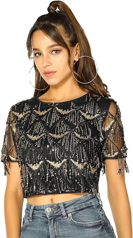 Allegra K Women's Sequin Shiny Glitter Crop Top Short Sleeves Tassel T-Shirt | Amazon (US)