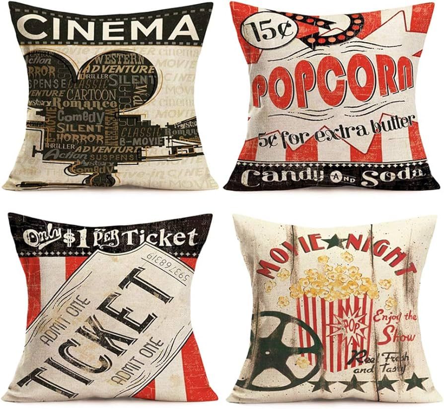 Smilyard Movie Theater Cinema Throw Pillow Covers Vintage Cinema Ticket with Popcorn Throw Pillow Ca | Amazon (US)
