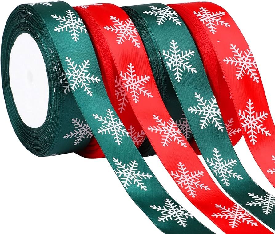 DECYOOL 4 Rolls 100 Yards Christmas Snowflake Ribbons for Gift Wrapping, 25mm Wide Red and Green ... | Amazon (US)