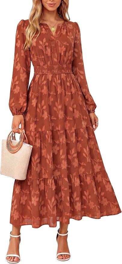Kate Kasin Womens Long Sleeve Maxi Fall Wedding Guest Dresses with Pockets | Casual V Neck Elasti... | Amazon (US)