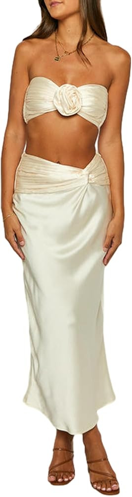 Women 3D Flower Satin Skirt Set Y2k Strapless Tube Top 2 Piece Skirt Set Sexy Wrap Chest Ankle Le... | Amazon (US)