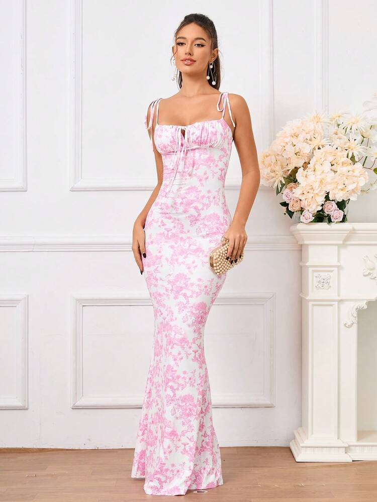 PARTHEA Women's Floral Print Ruched Front Tie Fitted Elegant Dress Vacation Party Summer | SHEIN