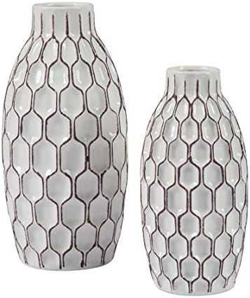 Signature Design by Ashley Dionna Geometric 2 Piece Ceramic Bottle Neck Vase Set, White and Brown | Amazon (US)