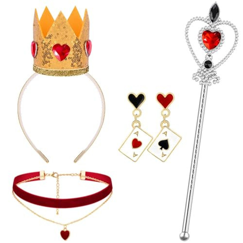 Kuscul 4 Pcs Halloween Queen Costume Accessories Set Red Gem Hearts Crown Headband Heart Necklace Rhinestone Queen Wand and Poker Clock Earrings for Women Halloween Party Dress Up | Amazon (US)