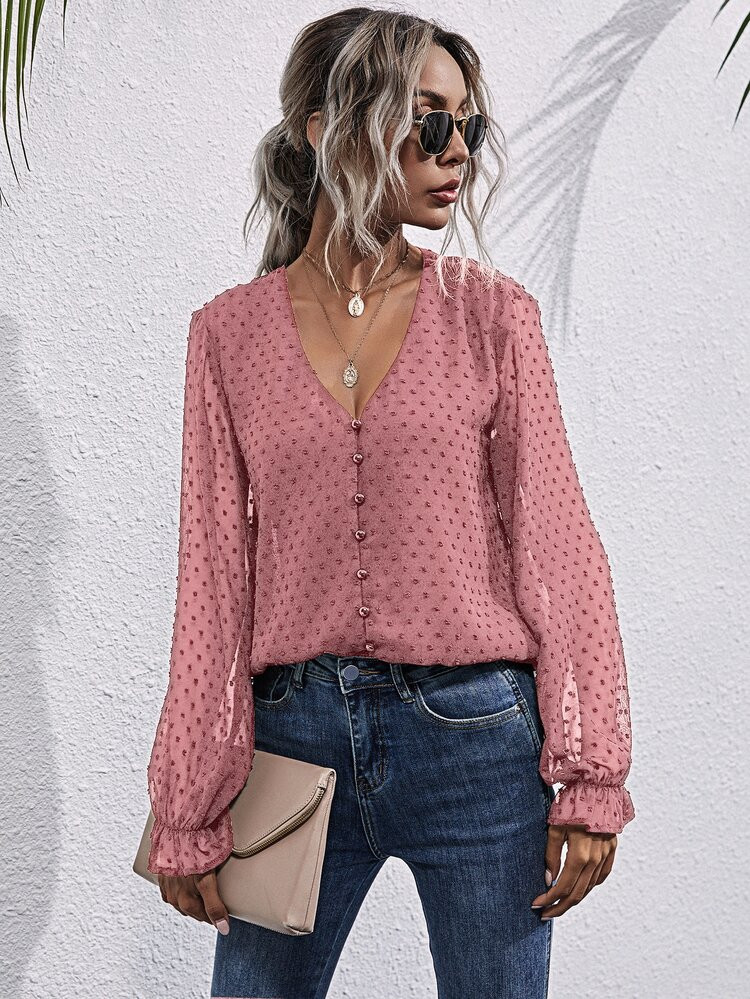 Swiss Dot V-neck Flounce Sleeve Chiffon Blouse | SHEIN