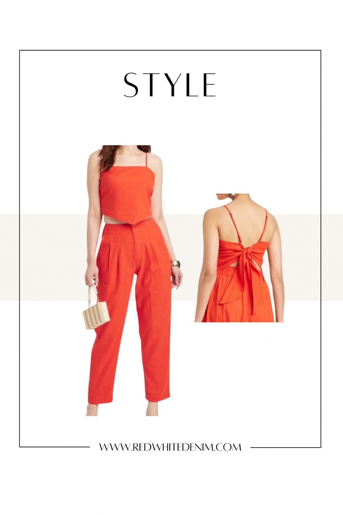 Obsessed with this linen blend bright red summer set + tie back top and trousers from Target 

TOP: TTS in size small (adjustable back)
PANTS: TTS in size 6!(they do stretch a bit 