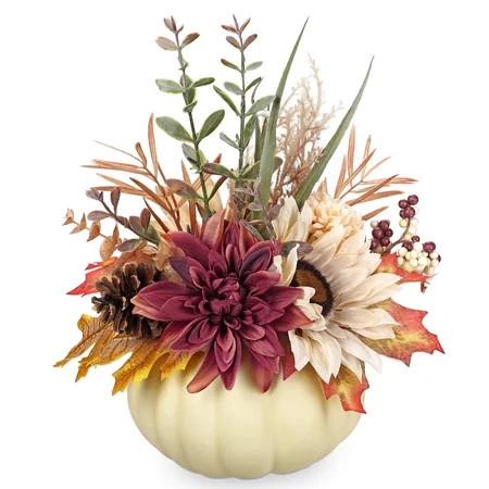 Briful Artificial Pumpkin Fall Table Centerpiece Flowers Maple Leaves Sunflower Arrangement in Beige Pumpkin Décor for Halloween Thanksgiving Harvest | Walmart (US)