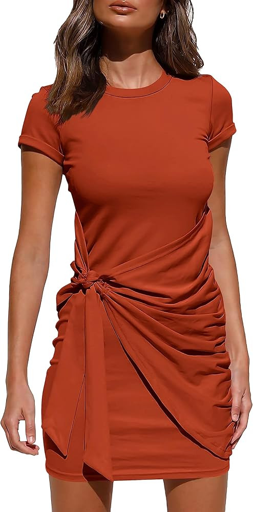 BTFBM Women 2024 Spring Casual Short Sleeve Ruched Bodycon Tank T Shirt Dress Tie Waist Sun Beach... | Amazon (US)