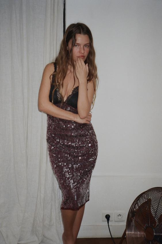 COMBINATION SEQUIN LACE MIDI DRESS | Zara US