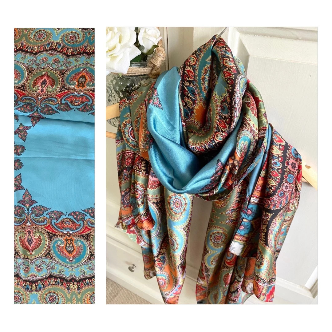 Large Moroccan Style Silk Scarf Turquoise Paisley Scarf Silk Neck Scarf Silk Shawl - Etsy UK | Etsy (UK)