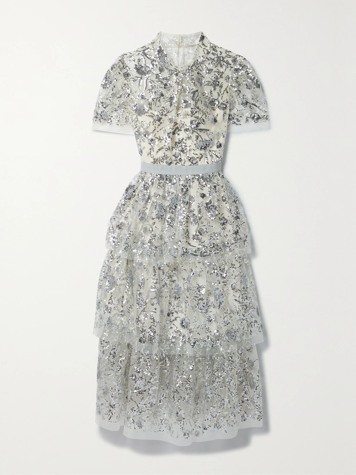 Self-Portrait - Grosgrain-trimmed Tiered Sequined Tulle Midi Dress - Silver - UK 12 | NET-A-PORTER APAC