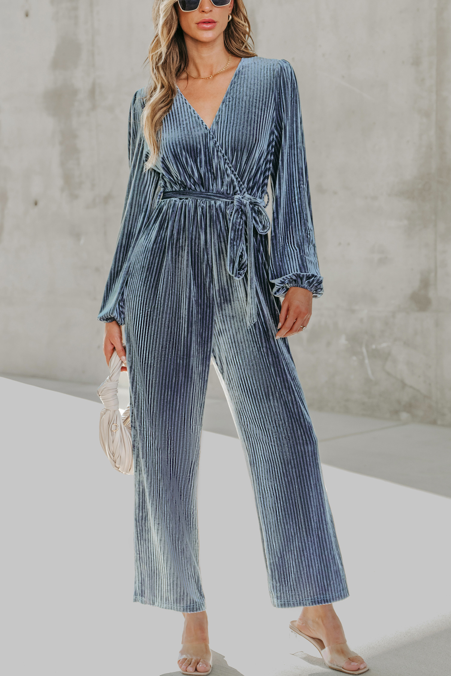 Ribbed Velvet Belted Long Sleeve Jumpsuit | Cupshe US