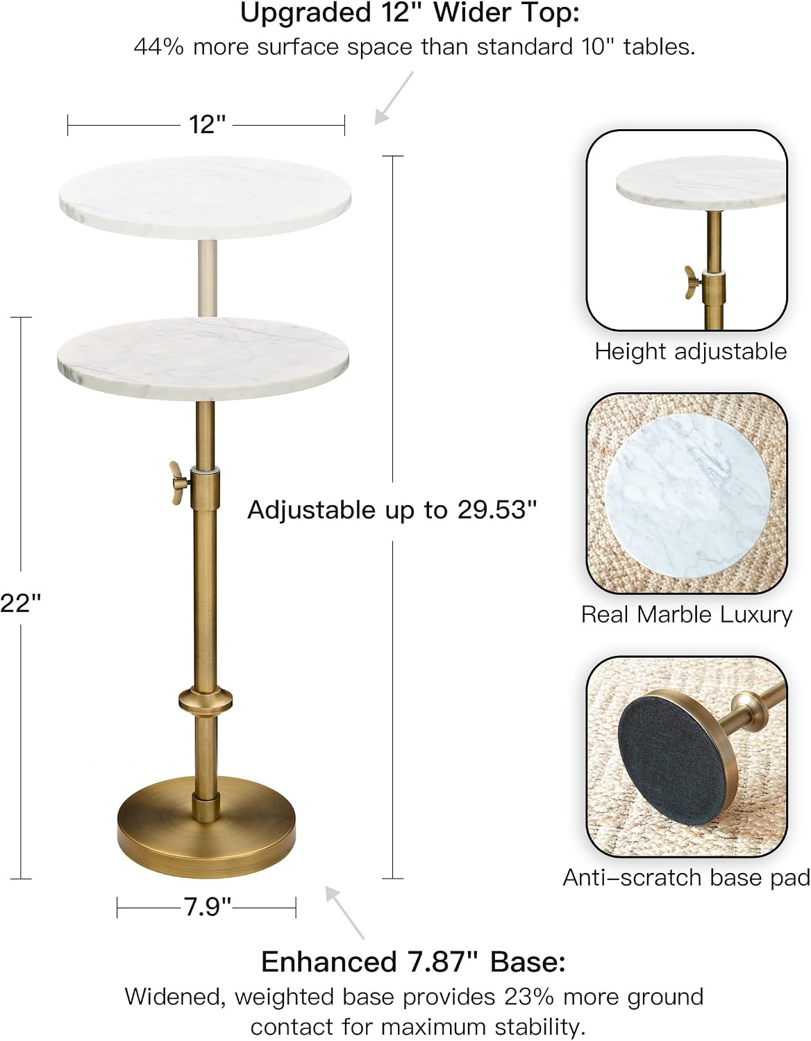 Adjustable 12" White Marble Drink Table with 2 Coasters, Antique Brass⁠ | Amazon (US)