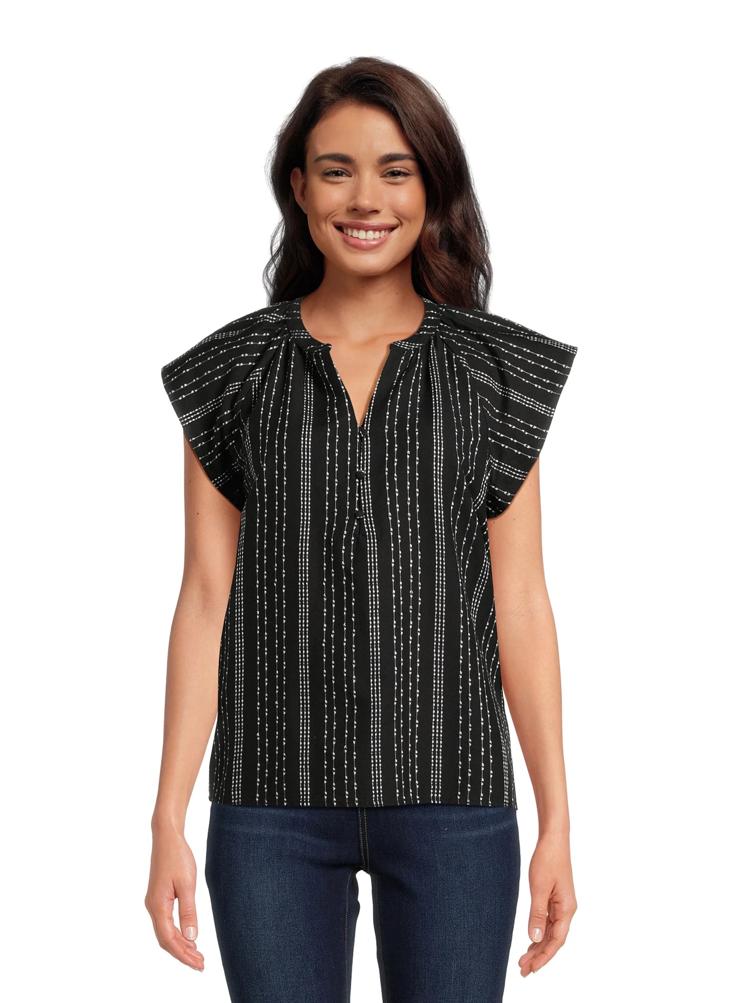 Time and Tru Women's Split Neck Top with Flutter Sleeves, Sizes XS-XXXL | Walmart (US)