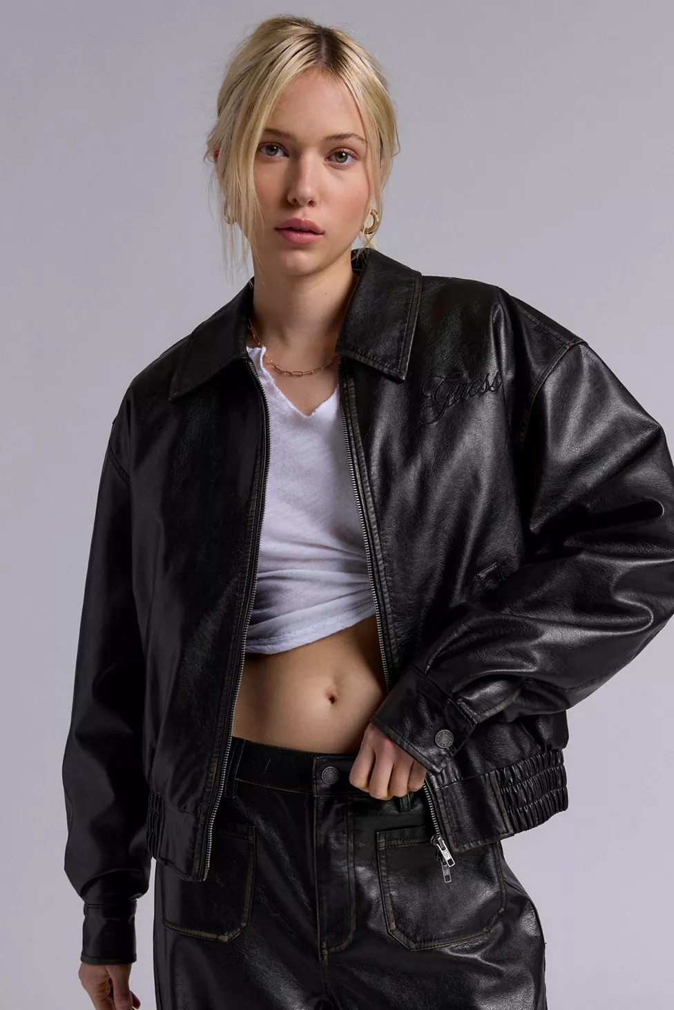 GUESS ORIGINALS Distressed Faux Leather Bomber Jacket | Urban Outfitters (US and RoW)