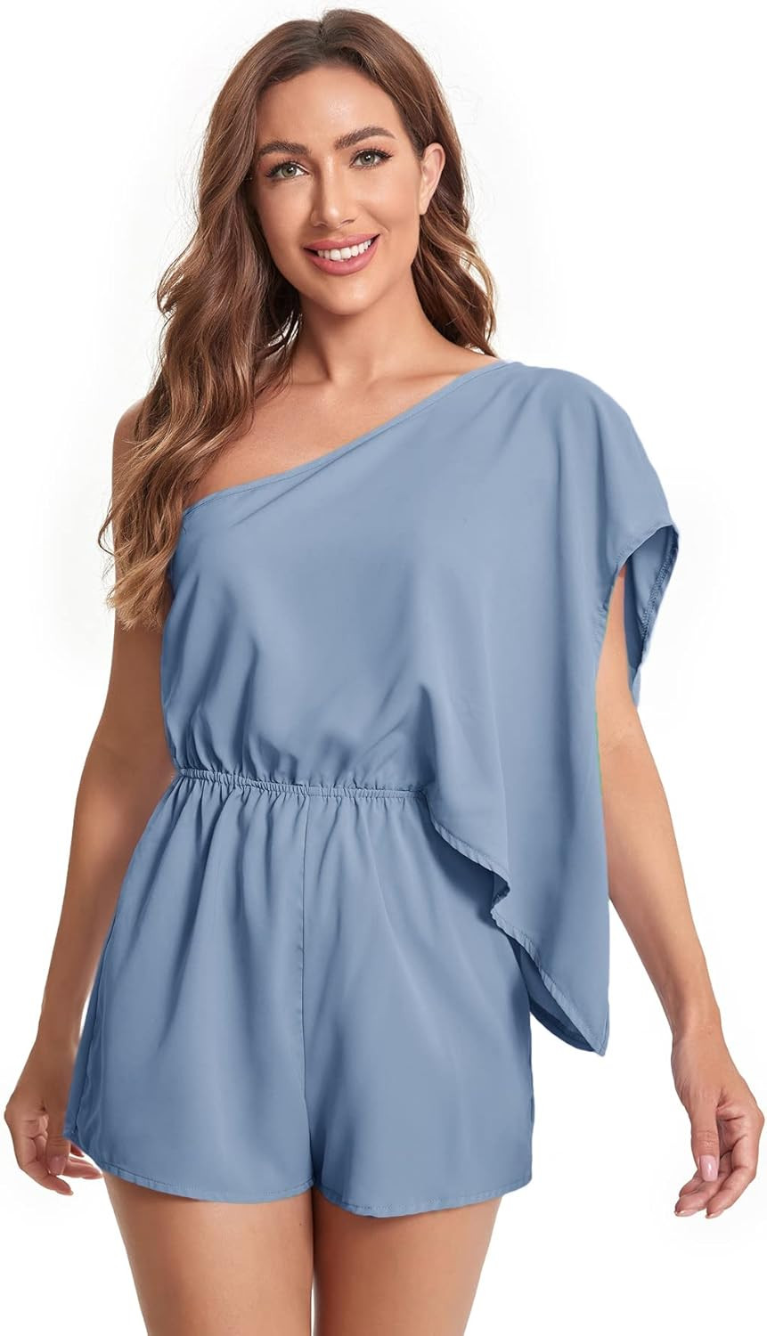 SheIn Women's One Shoulder Batwing Short Sleeve Romper High Waist Short Jumpsuit | Amazon (US)