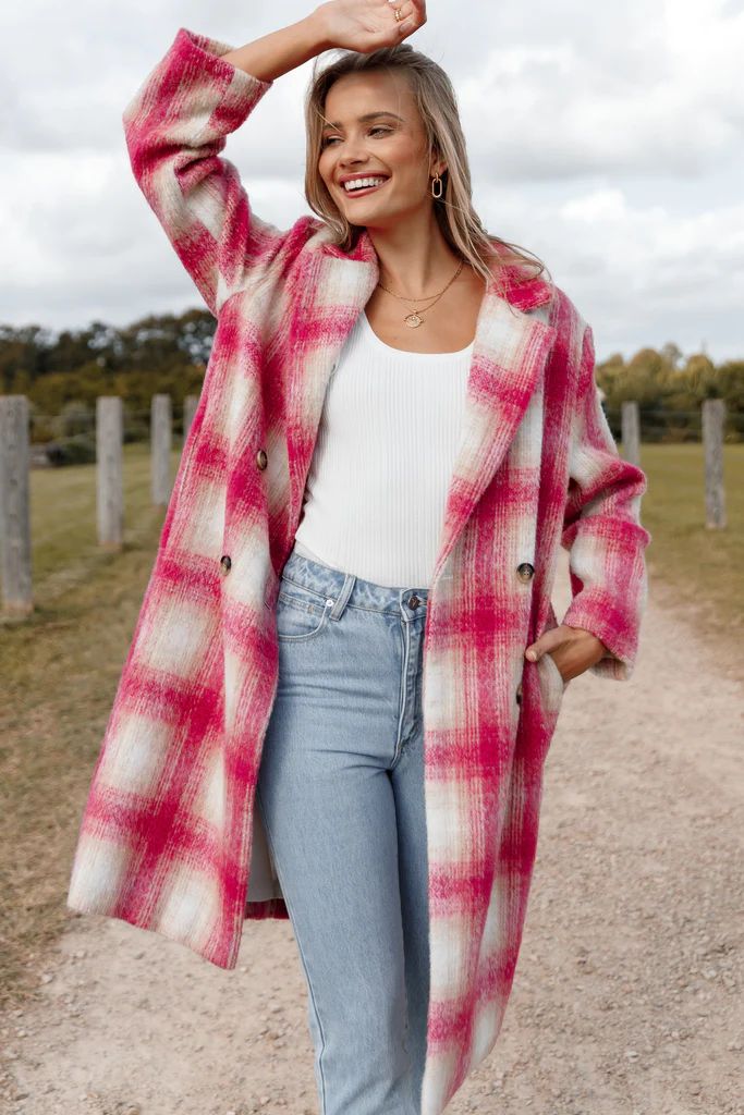 Gianna Button Front Plaid Long Coat - Pink | Petal & Pup (US)