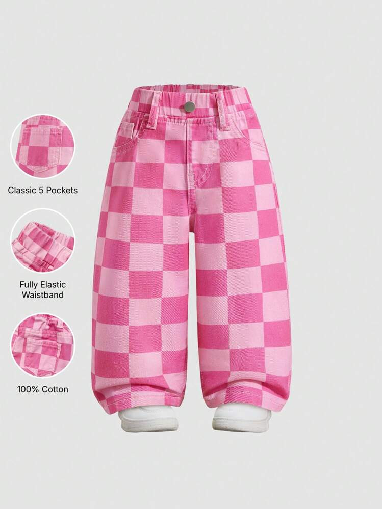 Denimly Baby Girl Casual Outdoor School Fashion Versatile Baby Denim Elastic Waist Plaid Pattern Washed Denim Pants | SHEIN