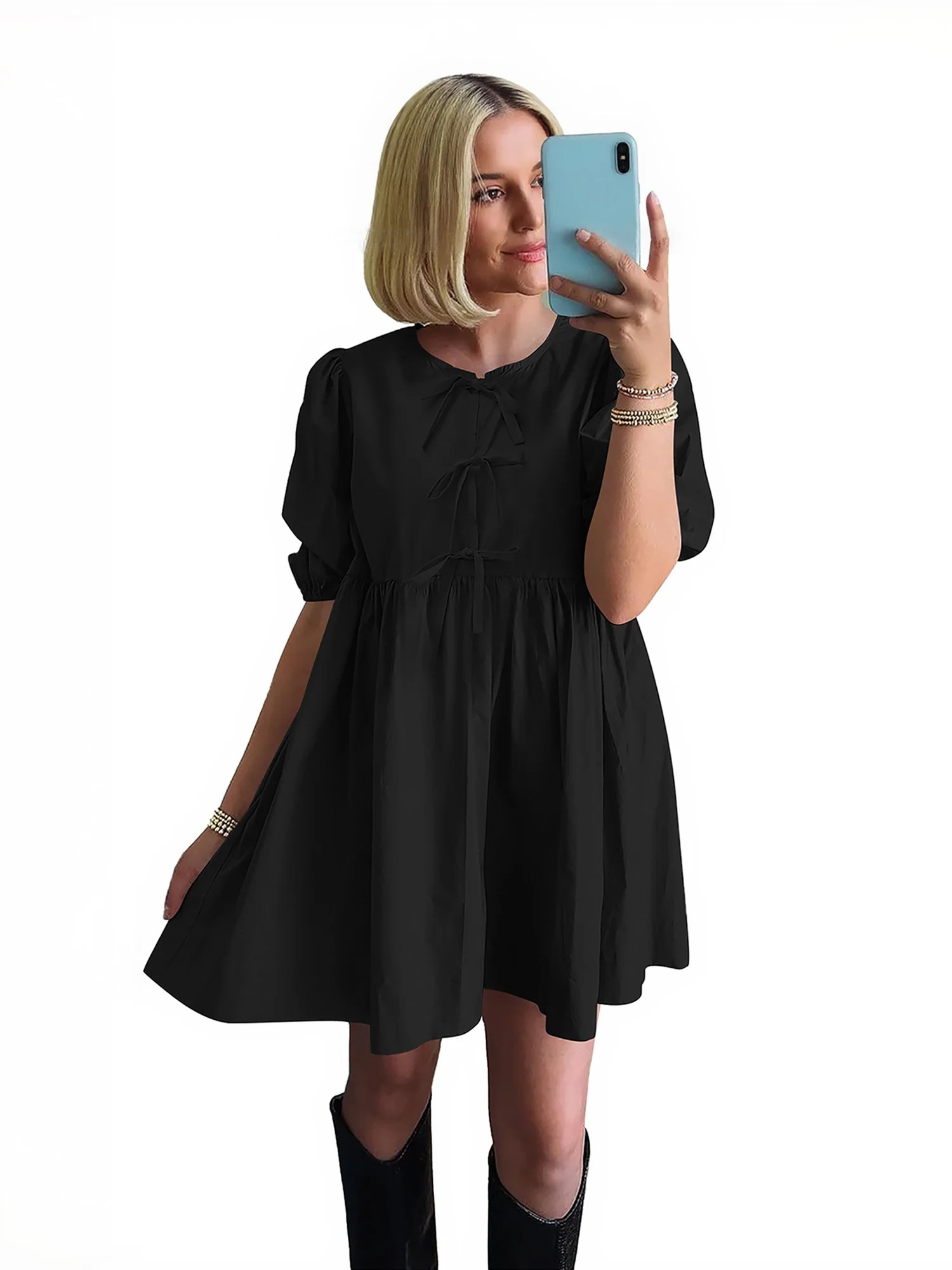 PRETTYGARDEN Women's Bow Front Mini Dress with Puff Sleeves, Sizes S-XXL | Walmart (US)